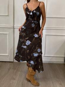 DAZY Váy bodycon họa tiết hoa nhún bèo viền bất đối xứng, trang phục dự tiệc thanh lịch dành cho nữ - màu nâu - Xem 4