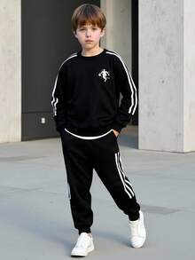 SHEIN 2pcs/Set Kids Tween Boy Casual Sports Patchwork Long Sleeve Crew Neck Sweatshirt And Pants Knit Tracksuit Set, Suitable For Commuting, School, Daily Casual, Travel, Sports, Spring/Summer/Autumn/Winter, Fleece, Thickened - Black - View 9