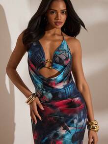 Opulessa 女士度假针织网眼印花深V领露背修身连衣裙 - 藍色 - 查看 3