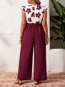Breezaya Bộ jumpsuit dáng suông thanh lịch in hoa cỡ lớn, phối màu tương phản và tay áo loe, thích hợp cho kỳ nghỉ, mùa xuân/hè. - Nhiều màu - Xem 2