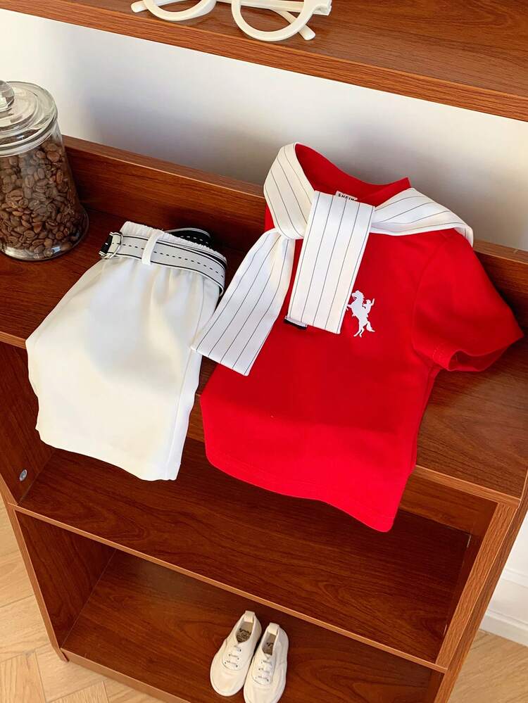 SHEIN 3pcs/Set Baby Boy Comfortable Casual Versatile Daily Fashion Minimalist Style Red Collar Short Sleeve T-Shirt POLO Knit Top, White Striped Shawl, White Shorts Pants With Belt Multi-Piece Suit Uniform Formal Wear, Suitable For Indoor, Outdoor, Daily, Sports, Play, Party, Photo Shoot, Vacation, Holiday, Wedding, Baby Shower, Christening And 1st Birthday Celebration, Spring/Summer Red Two Piece Outfit Toddler Toddler Uniform Toddler Boys Wedding Outfits Red White - Red - View 6