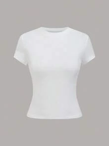 3PCS Camiseta casual de mujer de manga corta con cuello redondo de unicolor para verano - Negro - Ver 4