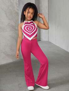 SHEIN Tween Girl Basic Casual Sleeveless Halter Knit Top & Solid Color Flared Pants 2pcs Outfit Set For Valentine's Day - Hot Pink - View 5