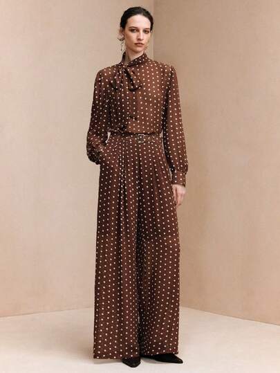 Arave Women's Pearl Chiffon Straight Leg Trouser Suit With Straight Shoulders, Fitted Waist, Stand Collar, Ribbon, And Puff Sleeves - Elegant Date Suit New Year Clothes New Year Outfit Polka Dot   Outfit Valentine's Day New Year