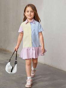 SHEIN Toddler Girls Vertical Striped Colourblock Dual Pocket Ruffle Hem Smock Dress - Multicolor - View 4