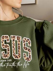 EMERY ROSE Jesus Slogan Graphic Print Casual Plus Size Women Corduroy Crew Neck Long Sleeve Sweatshirt, Gift For Friends, Autumn/Winter - Olive Green - View 3