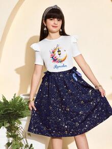 Set de 2 piezas para niñas preadolescentes: Blusa de cuello redondo y mangas acampanadas con estampado de estrellas y lunas + Falda acampanada de cintura elástica con estampado de estrellas, para verano
