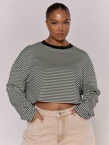 MUSERA Áo croptop tay dài kẻ sọc cỡ lớn, thích hợp mặc hàng ngày, thường ngày, dễ thương, ấm áp, mùa xuân hè, lễ Phục sinh. - Đen và trắng - Xem 1