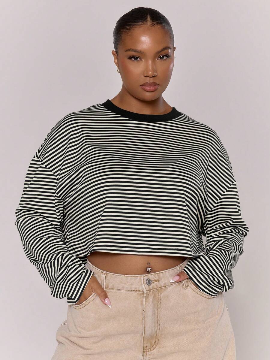 MUSERA Áo croptop tay dài kẻ sọc cỡ lớn, thích hợp mặc hàng ngày, thường ngày, dễ thương, ấm áp, mùa xuân hè, lễ Phục sinh. - Đen và trắng - Xem 1