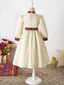 SHEIN Young Girl Dress, Apricot White Base With Red And Black Contrast Traditional Pattern, Geometric Diamond And Stripe Interwoven - Multicolor - View 8