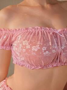 Kawaii Bộ đồ lót hở vai hở lưng họa tiết hoa jacquard dễ thương và ngọt ngào cho ngày lễ tình nhân - Hồng - Xem 2