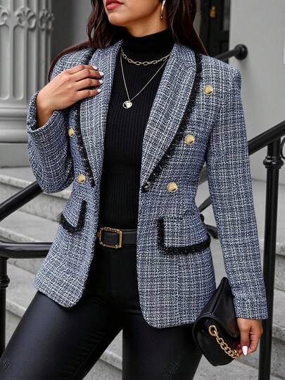 SHEIN Unity Plus Size Lapel Krage Långärmad Pläd Design Colorblock Edge Elegant kostymjacka, för vinter Pläd Blazer Blazer Set Damblazer För tjejer