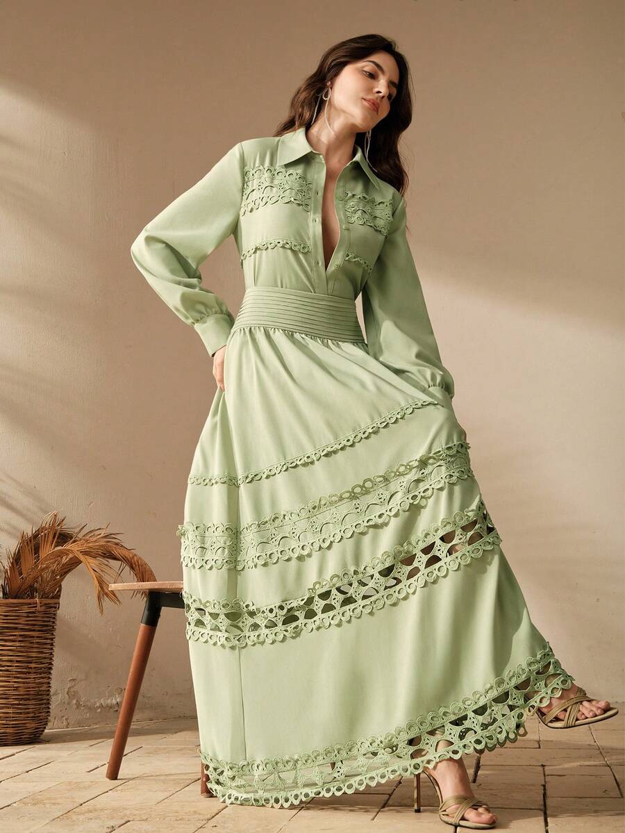 Anewsta Bộ 2 áo và chân váy viền ren hoa thanh lịch dành cho nữ, thích hợp cho ngày lễ, đi làm hàng ngày và các dịp khác - màu xanh lá - Xem 1