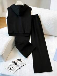 GlowEve CURVE Bộ đồ thể thao cỡ lớn dành cho nữ Regalyn gồm áo không tay có mũ đính đá và quần ống rộng cạp cao có dây rút, kiểu dáng suông, gồm 2 món, thích hợp cho mùa thu. - màu đen - Xem 2