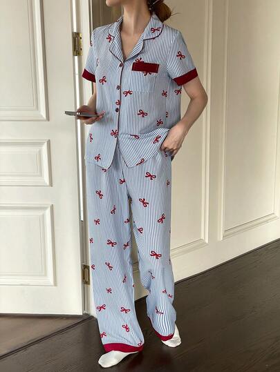 Dream Adore Contrast Color Bow Striped Print Lapel Red Button Short Sleeve Top And Pants Pajama Set, Spring/Summer Clothing, Blue Striped Pajama Set