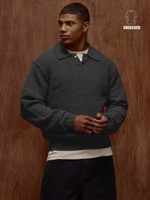 Musero Suéter de manga larga oversize con estilo de punto grueso, con detalle de botones en la abertura, para primavera y verano - Gris - Ver 1