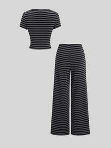 Sweetra 2件套女士休闲黑灰条纹通勤风针织修身T恤和阔腿低腰裤套装，春夏款 - 黑色 - 查看 2