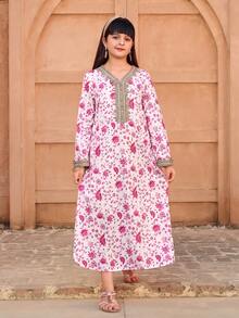SHEIN 少女碎花长袖宽松休闲连衣裙 - 粉色 - 查看 4