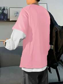 Claim Dot Áo nỉ nam dáng rộng tay raglan phối chữ, kiểu 2 trong 1, màu hồng phong cách đường phố, áo sơ mi rộng màu hồng, áo nỉ nam màu hồng, quần áo nam màu hồng, áo sơ mi nam phong cách đường phố. - Nhiều màu - Xem 2