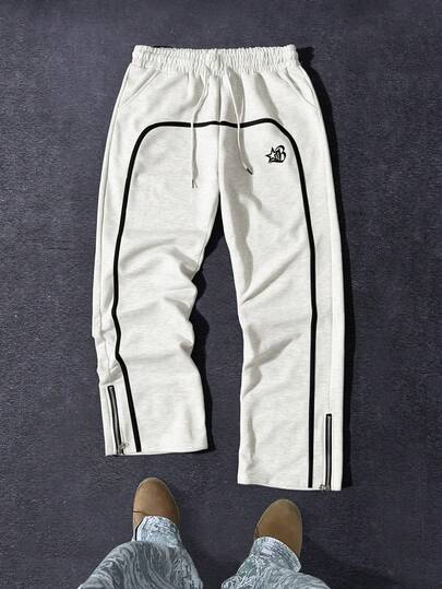 Manfinity EMRG Men's Pentagram Print Drawstring Waist Pockets Wide Leg Loose Casual Sweatpants Men S Track Pants Mens Side Stripe Track Pants Designer Sweatpants Men Summer Joggers Men Men Street Wear Pants