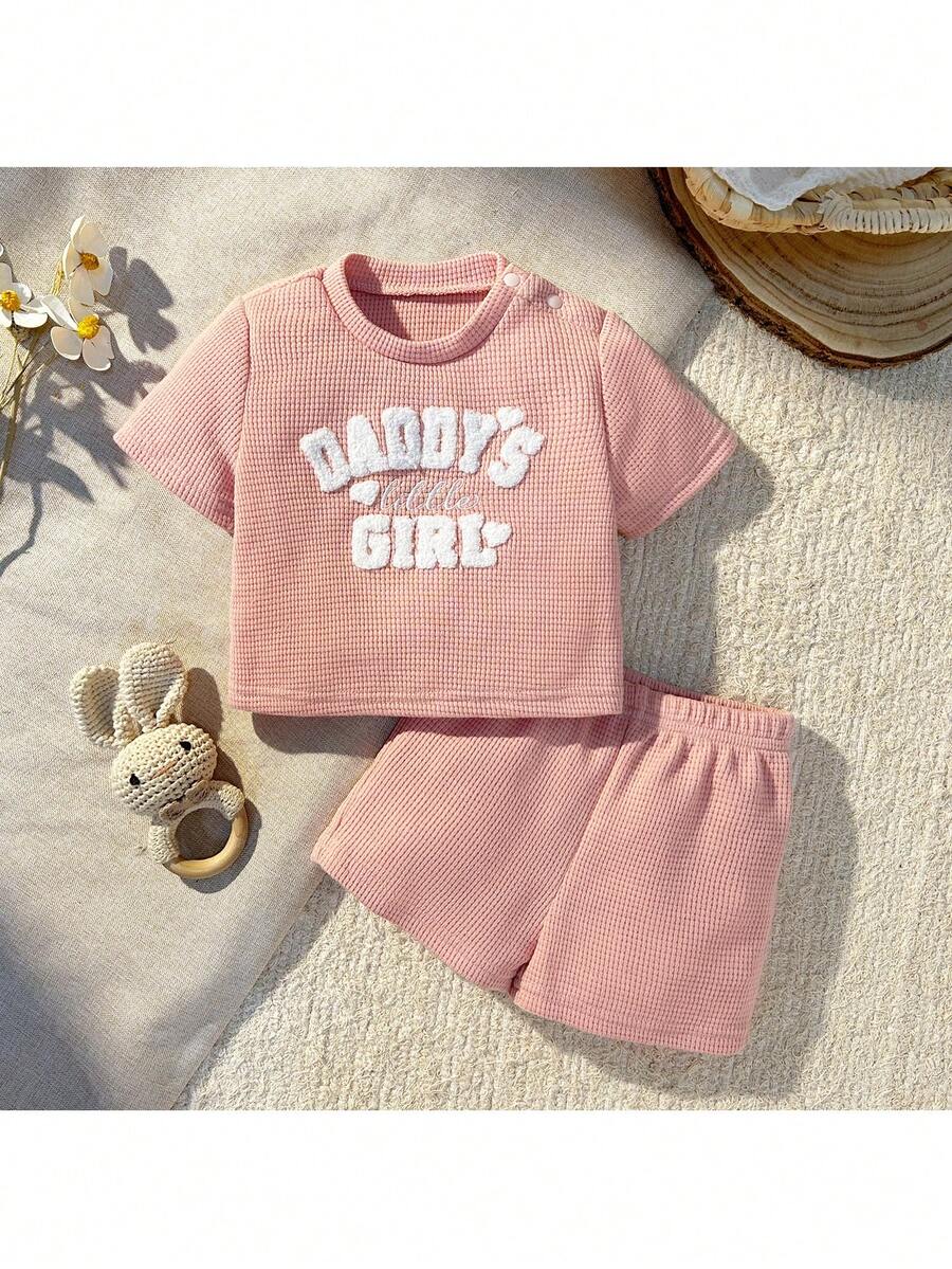 Loomiva Newborn Baby Girl Letter Print Soft Knit Crew Neck Long Sleeve Sweatshirt And Elastic Waist Pants 2-Piece Set - Multicolor - View 1