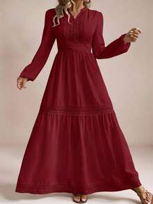 Freevana 大码纯色V领荷叶边下摆优雅长袖连衣裙 - 酒紅色 - 查看 3