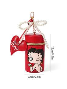 Betty Boop x SHEIN 1 Pu Leather Pattern Cylindrical Printed Pearl Bow Decorative Change Bag, Suitable For Storing Change, Lipstick, Lip Gloss, Keys, Small Belongings, Suitable For Men, Women, Students, Playful, Loving, Blowing Kisses, Love,Gift Ideas,Party,Holiday,Valentine's Day,Bag Charm - Red - View 9