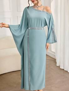 Al Najma 女士优雅拼接缎带肩部阿拉伯风格连衣裙，秋季 - 綠色 - 查看 5