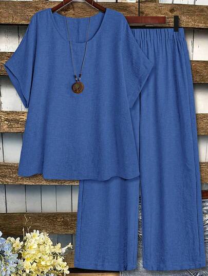 EMERY ROSE Conjunto de 2 piezas de top de manga corta de cuello redondo y pantalones de pierna ancha de cintura elástica en unicolor para tallas grandes