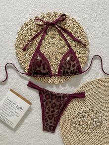 Swim SXY 2pcs/Set Animal Print Textured Fabric Halter Triangle Bikini Top And Bottoms Sexy Women Swimwear Set, Spring/Summer Sexy Swimwear Sexy Sets For Women Snake Print Bikini Bikini Set - Multicolor - View 6