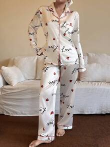 SHEIN Conjunto de pijama de manga larga con cuello de solapa y estampado de letras y corazones de seda sintética - Blanco - Ver 3