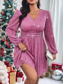 Roveilla Đầm dự tiệc cổ chữ V đính sequin thanh lịch cỡ lớn cho nữ - Màu Hồng Tươi - Xem 1