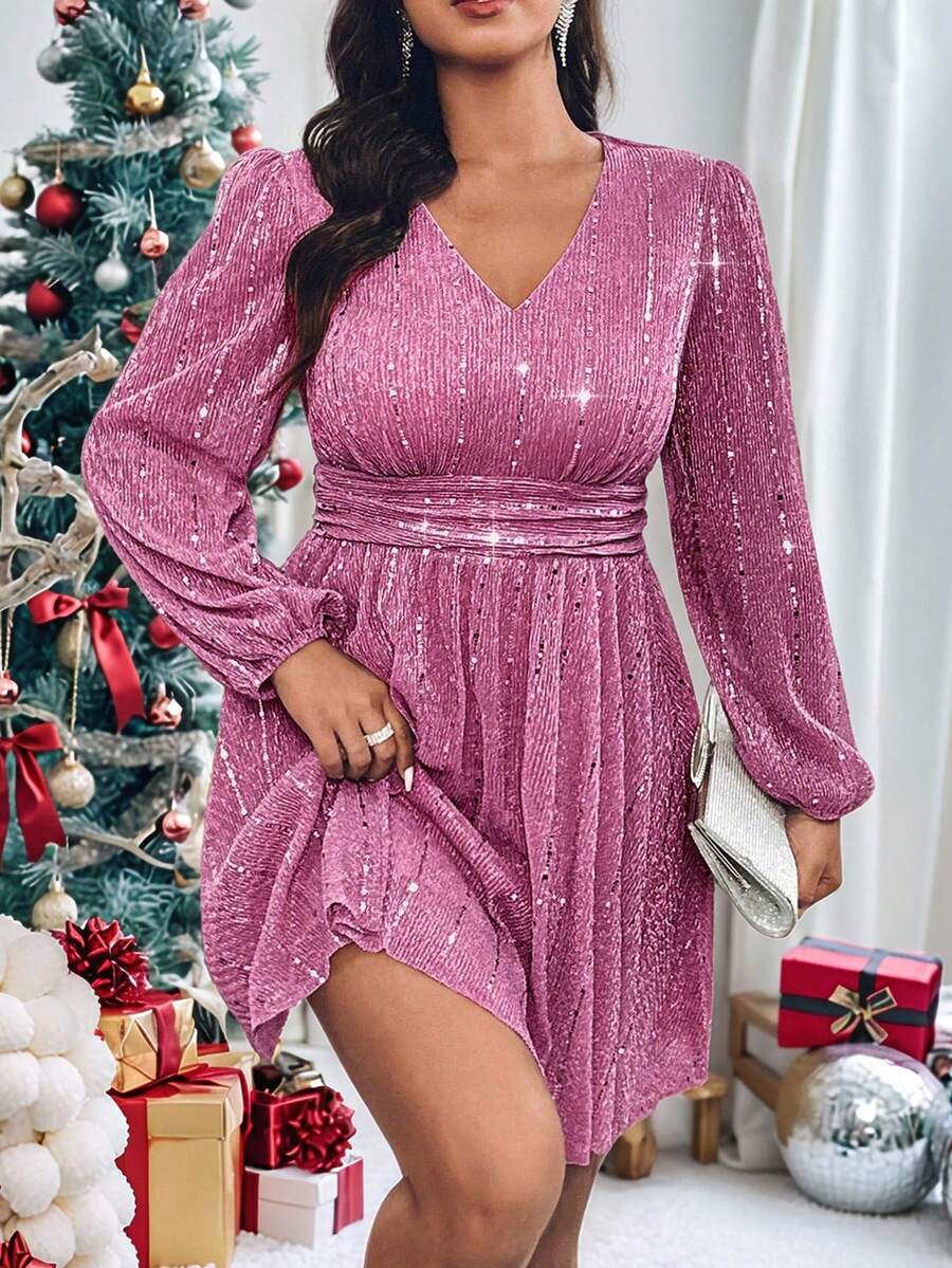 Roveilla Đầm dự tiệc cổ chữ V đính sequin thanh lịch cỡ lớn cho nữ - Màu Hồng Tươi - Xem 1