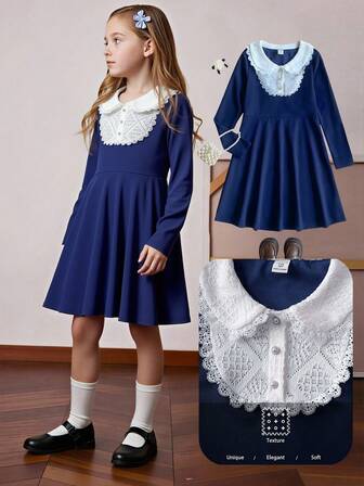 PrepCrw 1pc Tween Girls Elegant School Style Casual Urban White Collar Long Sleeve Dress, Versatile For Outings, Gatherings, Back To School, Suitable For Autumn/Winter