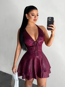 SHEIN SXY Women's Sexy V-Neck Lace-Up Ruffle Hem Mini Cami Dress, Sexy Dress For Club, Swimdress, Bikini Dress, Swimming Dress, One Piece Bathing Suit With Skirt,Vacation,Valentine's Day,Red Dress,Going Out - Burgundy - View 5