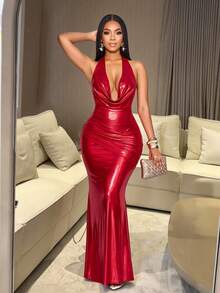 SOLERSUN فستان ماكسي مثير للنساء من قماش لامع مكشكش بياقة عميقة وظهر مكشوف، مناسب لحفلات الشاي بعد الظهر والتجمعات والخروجات الأنيقة والمواعيد والخروجات الرومانسية والخروجات الليلية وحفلات عيد الميلاد ورأس السنة والعطلات والملابس النسائية المثيرة وملابس النادي، مناسب لحفلات عيد الميلاد والعطلات وعيد الحب