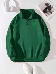 EMERY ROSE Women's Sweatshirt,St. Patrick's Day Gift Letter Dark Green Four-Leaf Clover Embroidery Pattern 1/4 Zip Long-Sleeved Top,Autumn Casual Occasion Fall - Green - View 2