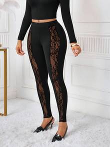 SHEIN Lady Women's Elastic Waist Contrast Lace Leggings - Black - View 7