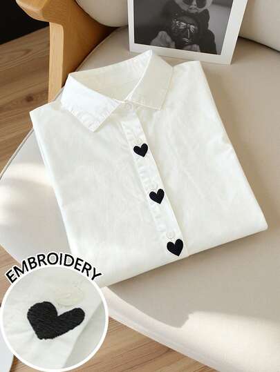 Resyla Women's Valentine's Day Heart Embroidery Pattern Shirt