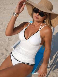 Swim Vcay New Women's White Textured Fabric Tankini Swimsuit With Black Decorative Lines And Ruched Waist Design, Vacation Spaghetti Strap Bikini - White - View 1