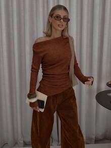 MUSERA Top asymétrique à encolure asymétrique, ourlet asymétrique et côtés froncés. Streetwear mignon, chic, décontracté et sexy pour les sorties. Adapté à l'automne, l'hiver, le printemps et l'été. - Marron fonçé - Voir 4