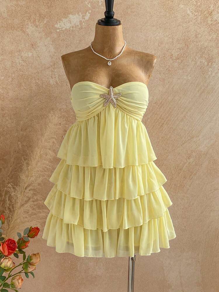 Soleia Women's Vacation Metal Starfish Decor Fashionable Cropped Mini Dress - Yellow - View 3