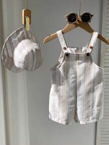 SHEIN Bộ 2 món quần yếm sọc kaki đa năng mùa hè cho bé trai sơ sinh kèm mũ cùng màu. - Nhiều màu - Xem 4