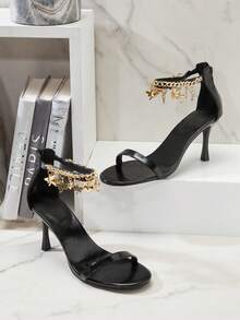 SHUZIA Women's Elegant Round Toe Heart Chain Ankle Strap Stiletto Heeled Sandals Valentine's Day - Black - View 1