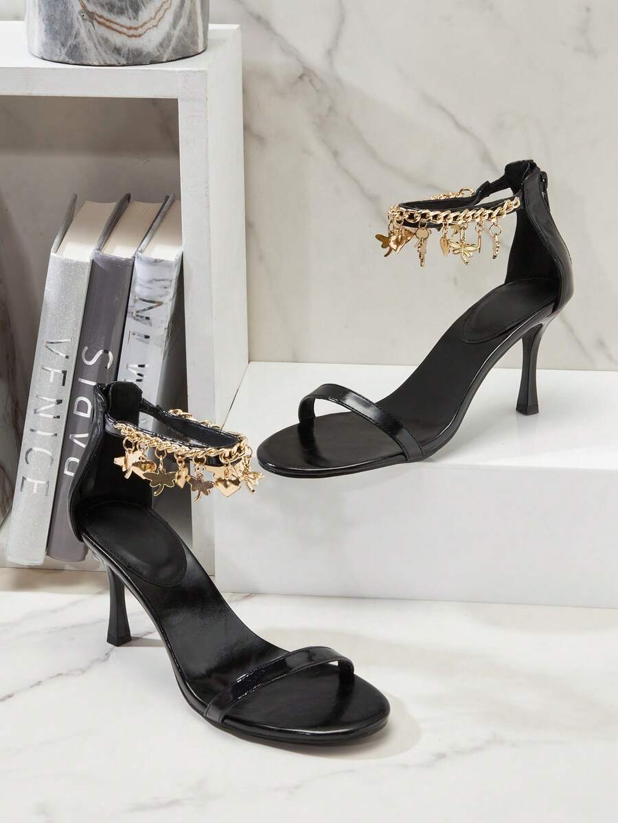 SHUZIA Women's Elegant Round Toe Heart Chain Ankle Strap Stiletto Heeled Sandals Valentine's Day - Black - View 1