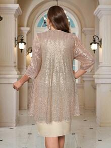 EMERY ROSE 大码亮片拼接圆领优雅奢华连衣裙 - 香檳色 - 查看 2