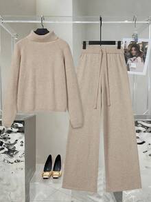 Pariaura New Oatmeal Ribbed Knit Set, High Neck Long Sleeve Top And Wide Leg Pants, Loose Relaxed Silhouette, Soft And Skin-Friendly Knit Fabric, Matching Tonal High-End Color, Relaxed Casual Vibe, Suitable For Loungewear, Commuting, And Effortless Styling Knit Two Piece Set Beige Two Piece Set Sweater Set Comfortable Two Piece Set Cream Two Piece Set - Camel - View 7