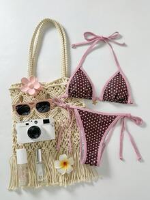 Swim Mod Women's Random Print Halter Metal Decor Bikini Set, Spring/Summer - Multicolor - View 1