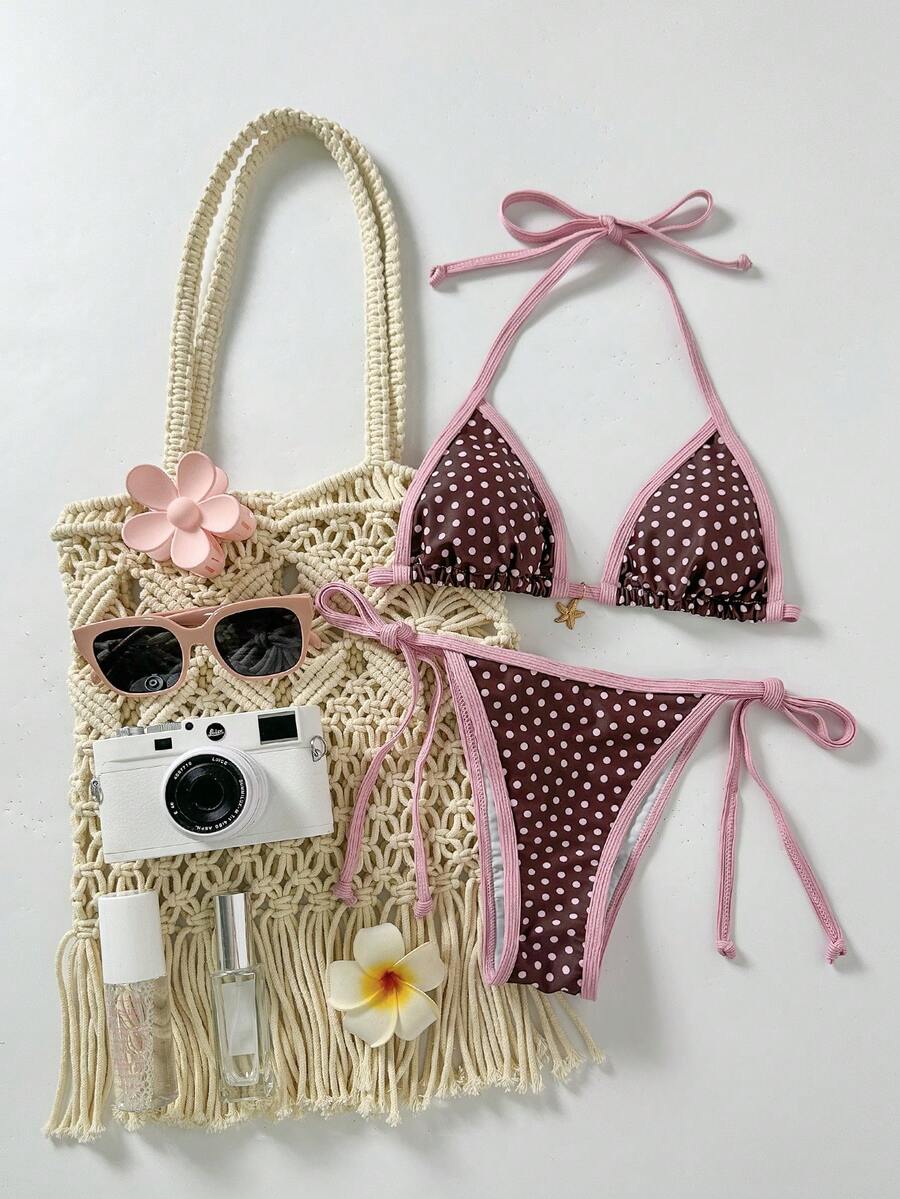 Swim Mod Women's Random Print Halter Metal Decor Bikini Set, Spring/Summer - Multicolor - View 1