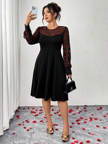 Elenzga Plus Size Women's Elegant Fitted Heart Contrast Color Valentine's Day Dress, Mesh Patchwork Waist Cinched Valentine's Day Date Night Slim Fit Dress - Black - View 5